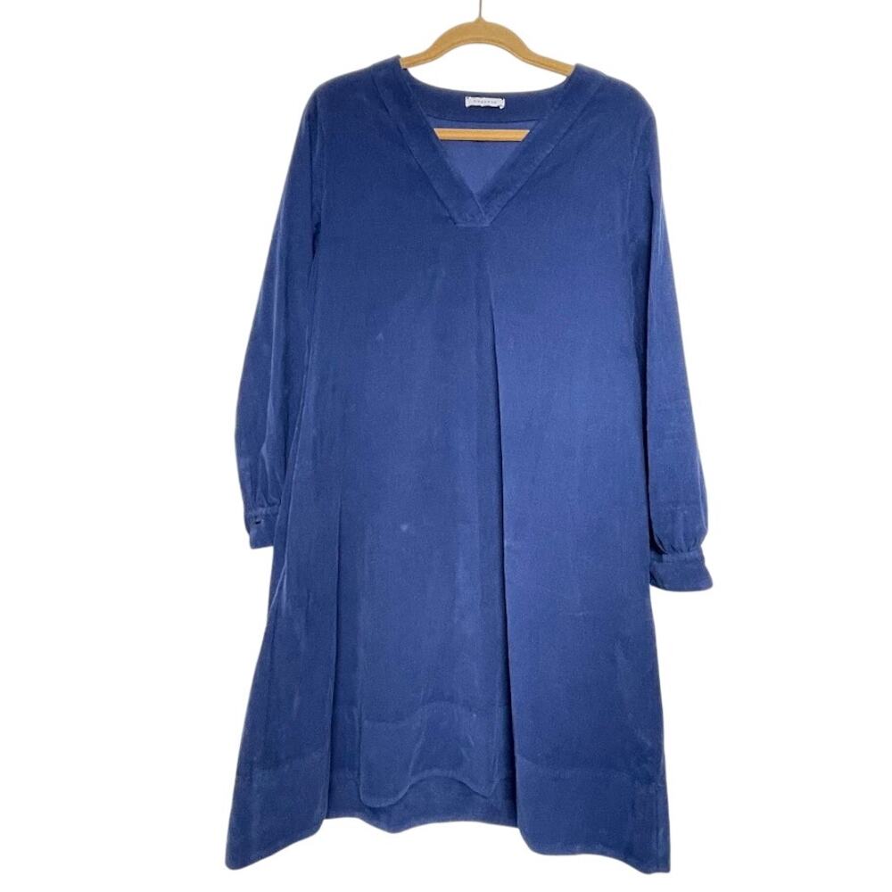 Rosso35 Navy Corduroy Shift Dress Womens Sz 8 US/44 IT V-neck Lagenlook Midi